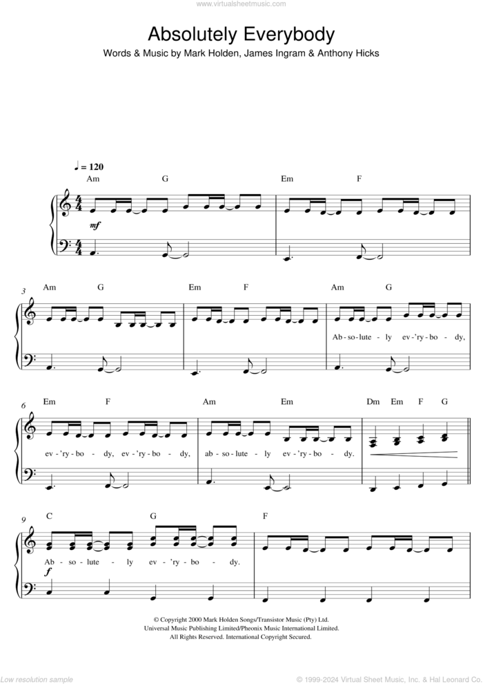 Absolutely Everybody sheet music for piano solo by Vanessa Amorosi, easy skill level