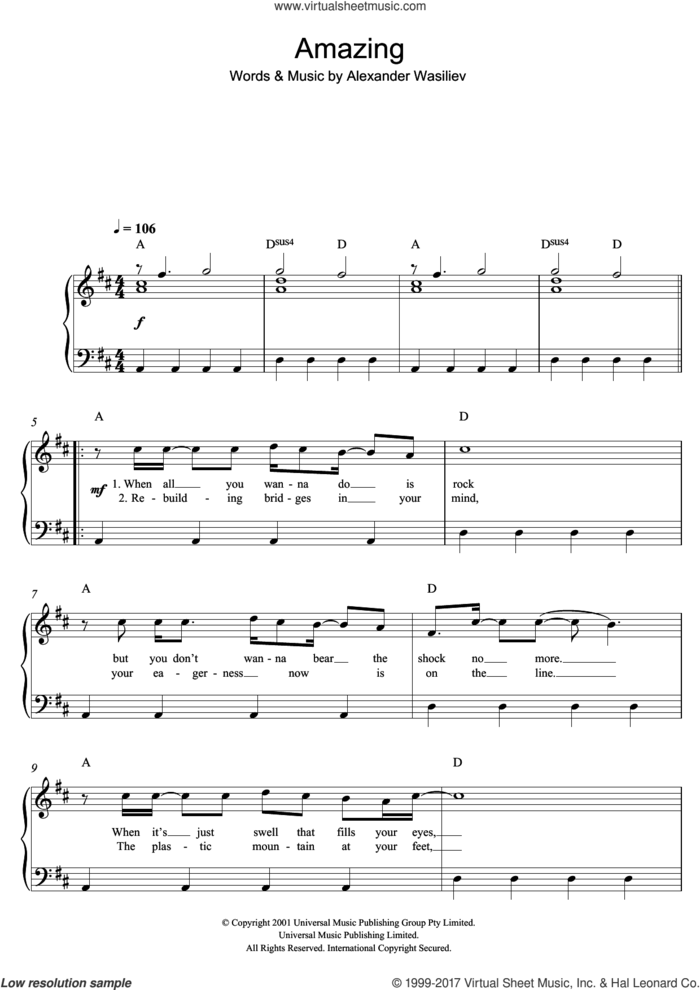 Amazing sheet music for piano solo by Alex Lloyd, easy skill level