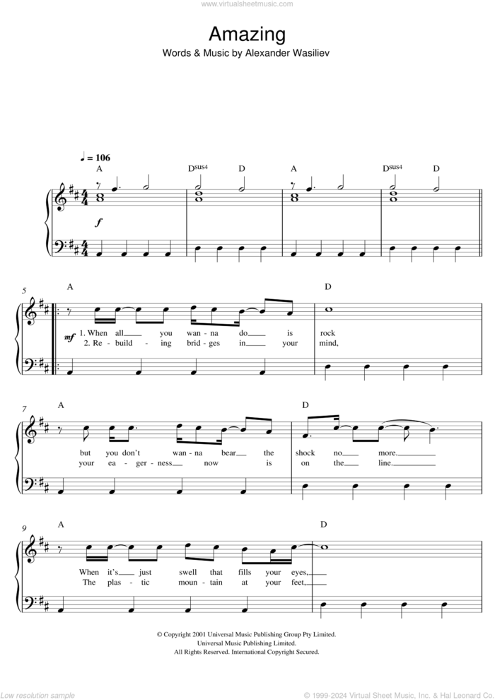 Amazing sheet music for piano solo by Alex Lloyd, easy skill level