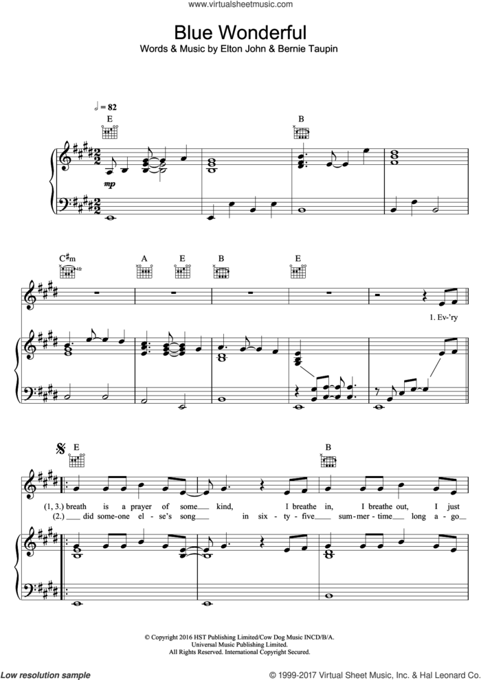 Blue Wonderful sheet music for voice, piano or guitar by Elton John, intermediate skill level
