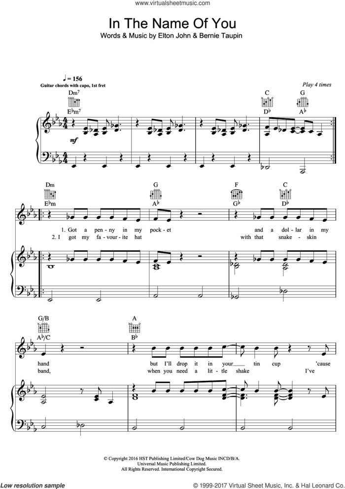 In The Name Of You sheet music for voice, piano or guitar by Elton John, intermediate skill level