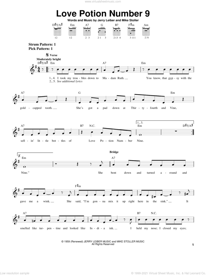 Love Potion Number 9 sheet music for guitar solo (chords) by The Searchers, Leiber & Stoller, Jerry Leiber and Mike Stoller, easy guitar (chords)