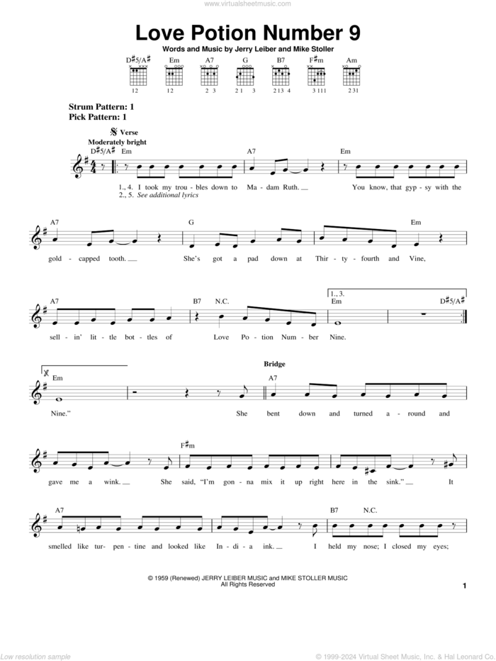 Love Potion Number 9 sheet music for guitar solo (chords) by The Searchers, Leiber & Stoller, Jerry Leiber and Mike Stoller, easy guitar (chords)