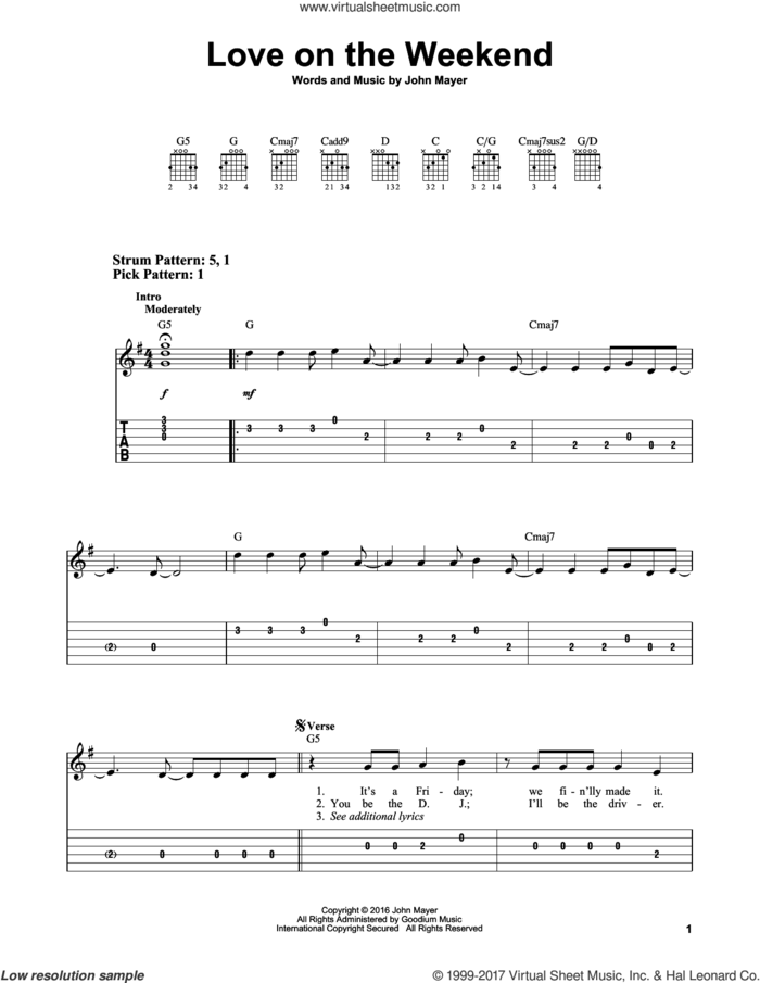 Love On The Weekend sheet music for guitar solo (easy tablature) by John Mayer, easy guitar (easy tablature)