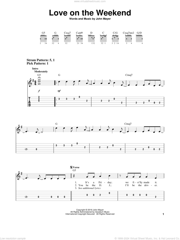 Love On The Weekend sheet music for guitar solo (easy tablature) by John Mayer, easy guitar (easy tablature)