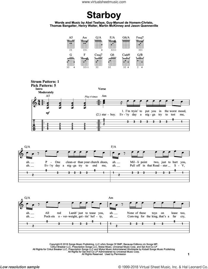 Starboy (feat. Daft Punk) sheet music for guitar solo (easy tablature) by The Weeknd, Daft Punk, The Weeknd feat. Daft Punk, Abel Tesfaye, Guy-Manuel de Homem-Christo, Henry Russell Walter, Jason Quenneville, Martin McKinney and Thomas Bangalter, easy guitar (easy tablature)