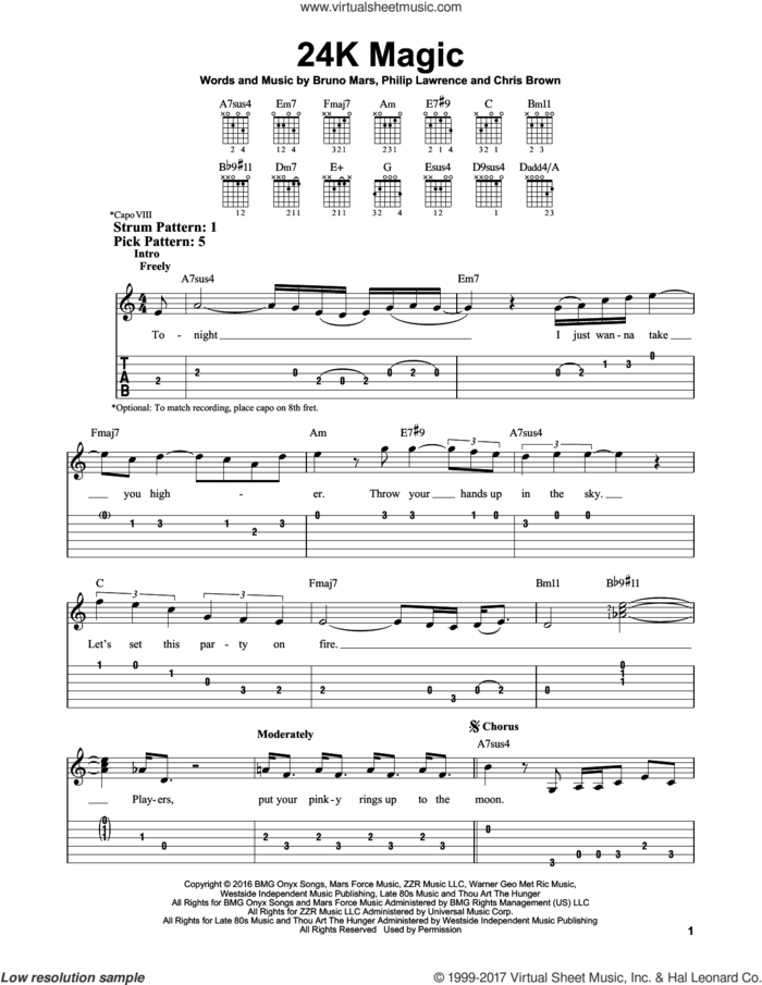 24K Magic sheet music for guitar solo (easy tablature) by Bruno Mars, Chris Brown and Philip Lawrence, easy guitar (easy tablature)