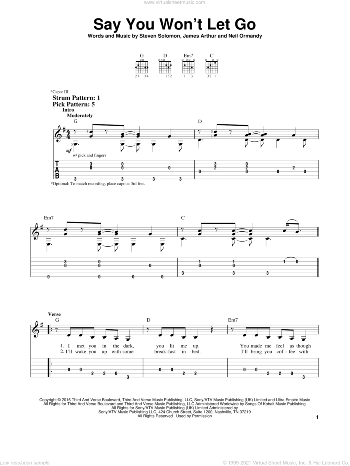 Say You Won't Let Go sheet music for guitar solo (easy tablature) by James Arthur, Neil Ormandy and Steve Solomon, easy guitar (easy tablature)