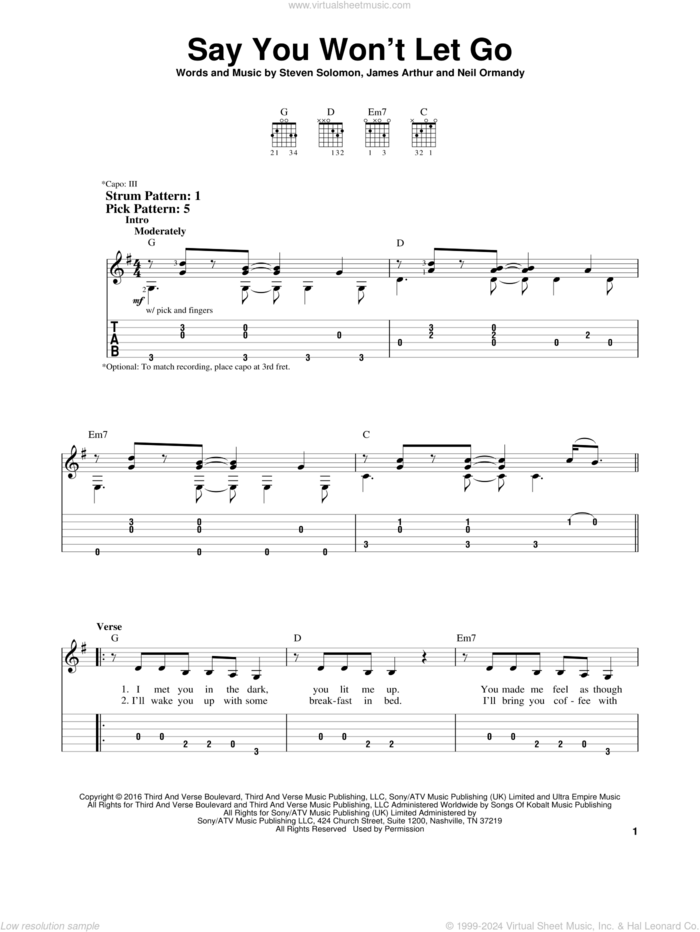 Say You Won't Let Go sheet music for guitar solo (easy tablature) by James Arthur, Neil Ormandy and Steve Solomon, easy guitar (easy tablature)