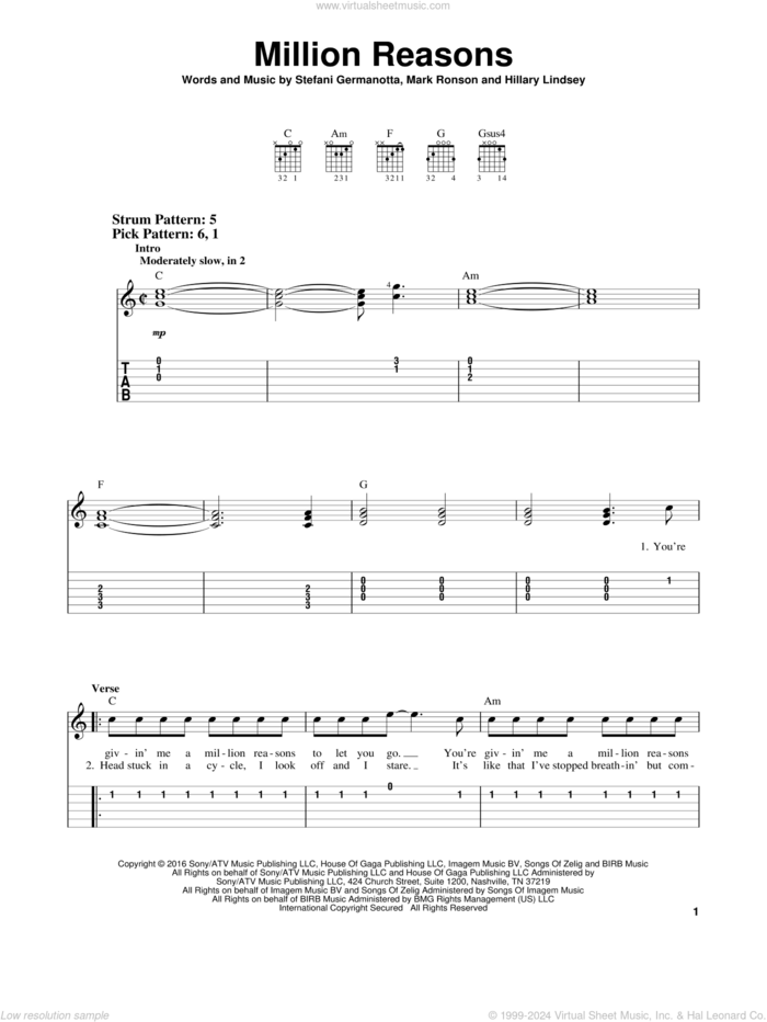 Million Reasons sheet music for guitar solo (easy tablature) by Lady Gaga, Hillary Lindsey and Mark Ronson, easy guitar (easy tablature)