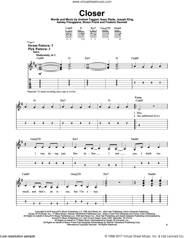 Closer sheet music for guitar solo (easy tablature) by The Chainsmokers featuring Halsey, Andrew Taggart, Ashley Frangipane, Frederic Kennett, Isaac Slade, Joseph King and Shaun Frank, easy guitar (easy tablature)