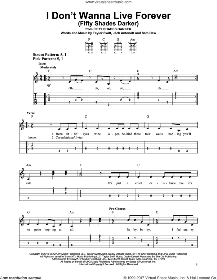 I Don't Wanna Live Forever (Fifty Shades Darker) sheet music for guitar solo (easy tablature) by Zayn and Taylor Swift, Jack Antonoff, Sam Dew and Taylor Swift, easy guitar (easy tablature)