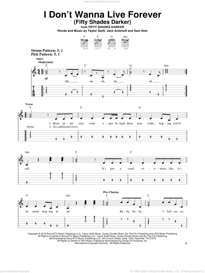 I Don't Wanna Live Forever (Fifty Shades Darker) sheet music for guitar solo (easy tablature) by Zayn and Taylor Swift, Jack Antonoff, Sam Dew and Taylor Swift, easy guitar (easy tablature)