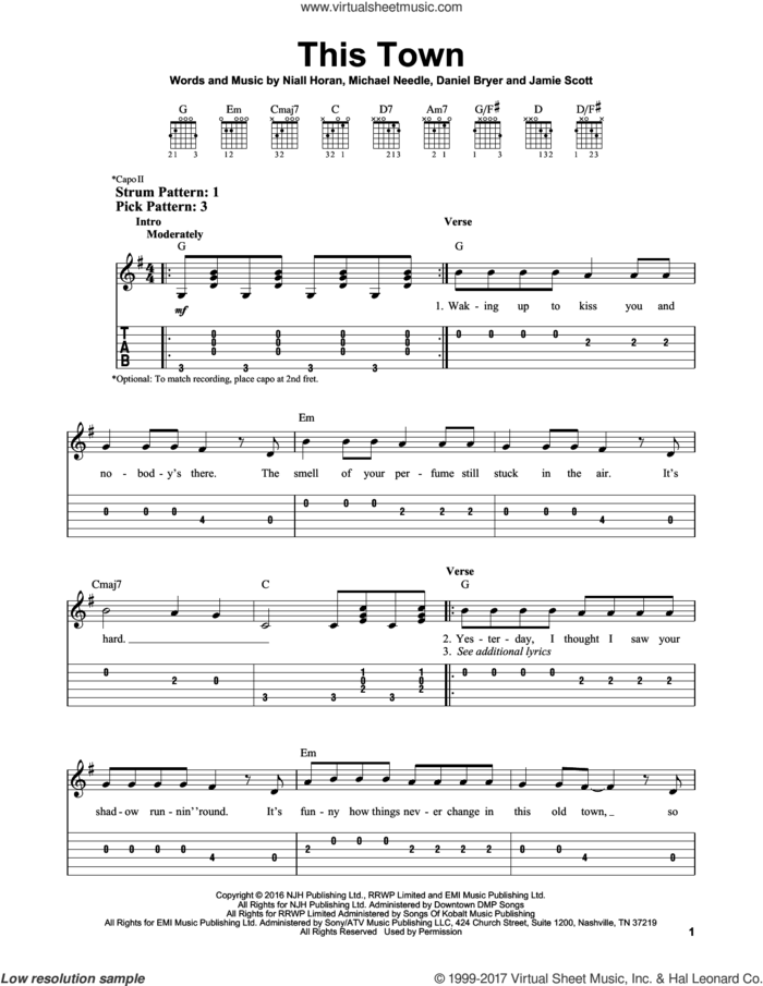 This Town sheet music for guitar solo (easy tablature) by Niall Horan, Daniel Bryer, Jamie Scott and Michael Needle, easy guitar (easy tablature)