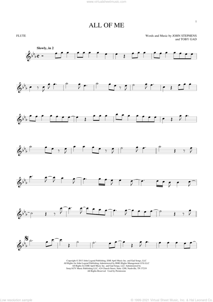 All Of Me sheet music for flute solo by John Legend, John Stephens and Toby Gad, wedding score, intermediate skill level