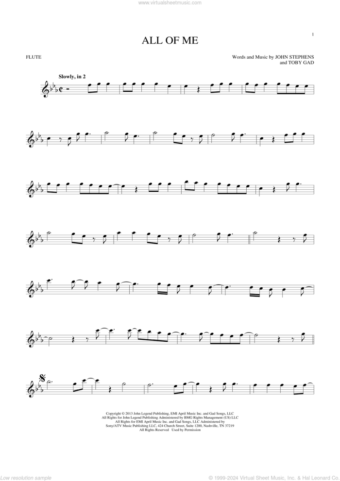 All Of Me sheet music for flute solo by John Legend, John Stephens and Toby Gad, wedding score, intermediate skill level