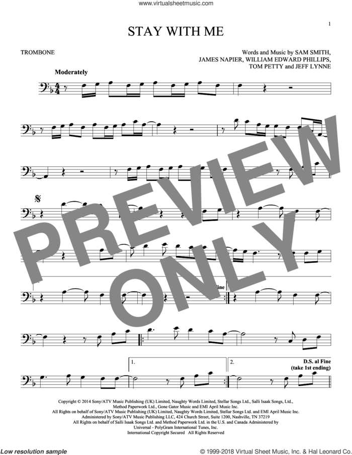 Stay With Me sheet music for trombone solo by Sam Smith, James Napier, Jeff Lynne, Tom Petty and William Edward Phillips, intermediate skill level