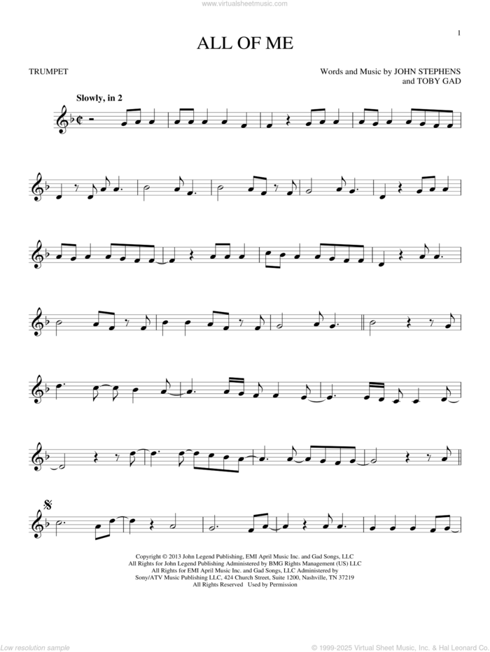 All Of Me sheet music for trumpet solo by John Legend, John Stephens and Toby Gad, wedding score, intermediate skill level