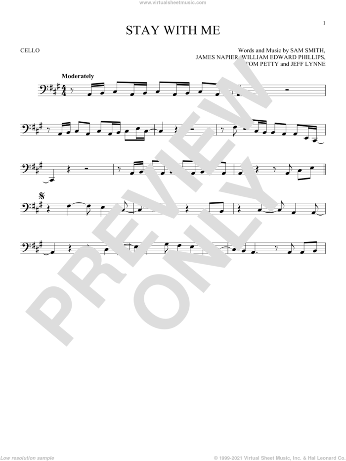 Stay With Me sheet music for cello solo by Sam Smith, James Napier, Jeff Lynne, Tom Petty and William Edward Phillips, intermediate skill level
