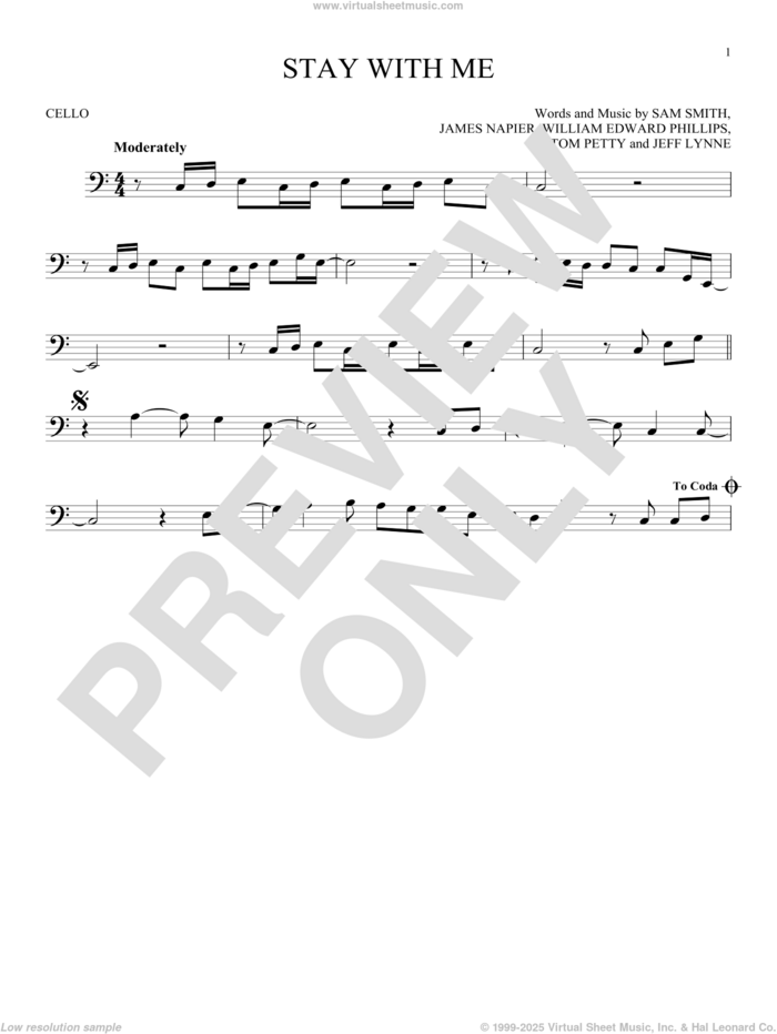 Stay With Me sheet music for cello solo by Sam Smith, James Napier, Jeff Lynne, Tom Petty and William Edward Phillips, intermediate skill level