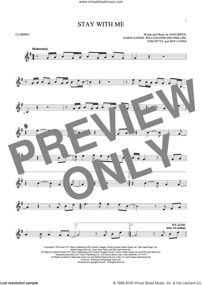 Stay With Me sheet music for clarinet solo by Sam Smith, James Napier, Jeff Lynne, Tom Petty and William Edward Phillips, intermediate skill level