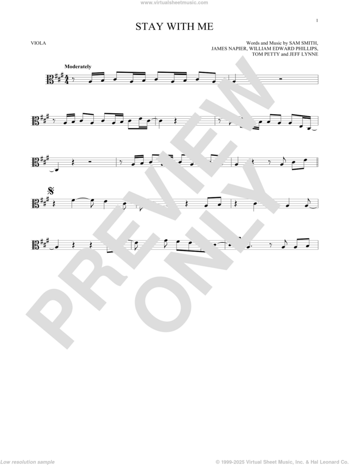 Stay With Me sheet music for viola solo by Sam Smith, James Napier, Jeff Lynne, Tom Petty and William Edward Phillips, intermediate skill level