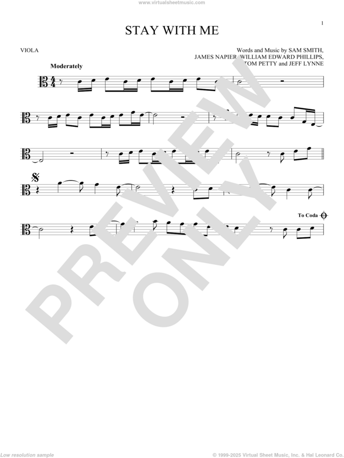 Stay With Me sheet music for viola solo by Sam Smith, James Napier, Jeff Lynne, Tom Petty and William Edward Phillips, intermediate skill level