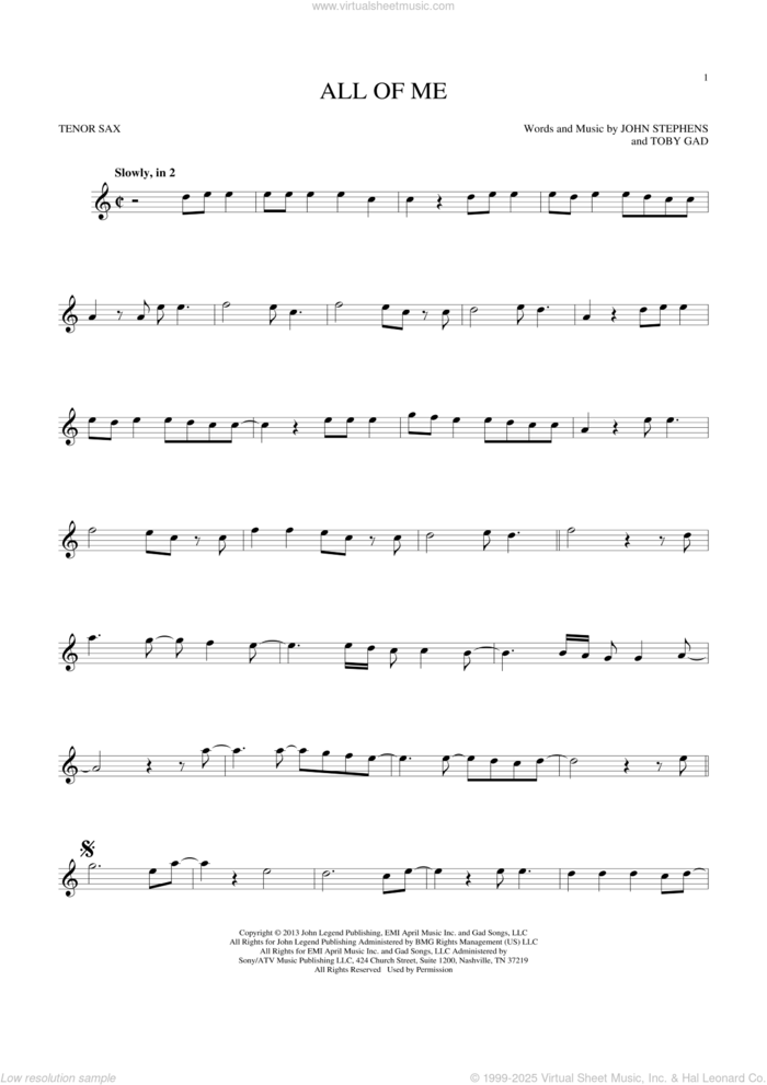 All Of Me sheet music for tenor saxophone solo by John Legend, John Stephens and Toby Gad, wedding score, intermediate skill level