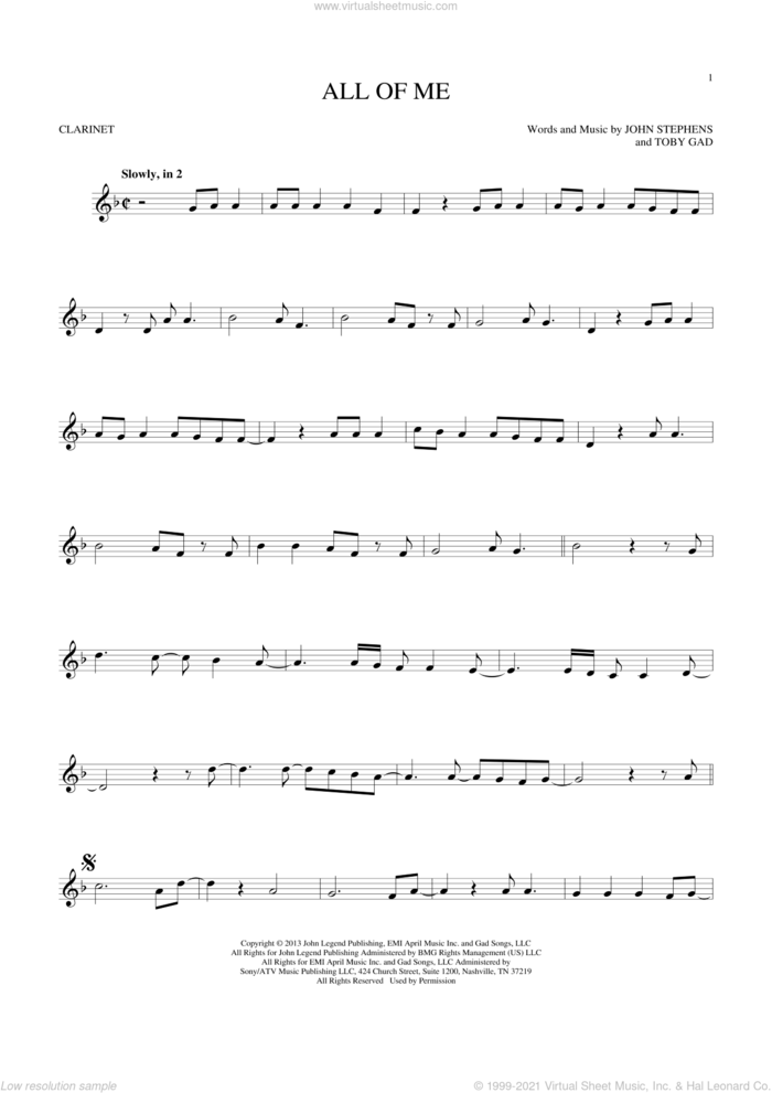 All Of Me sheet music for clarinet solo by John Legend, John Stephens and Toby Gad, wedding score, intermediate skill level