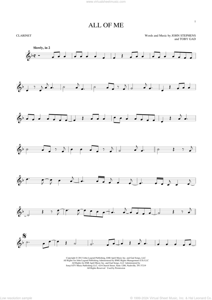 All Of Me sheet music for clarinet solo by John Legend, John Stephens and Toby Gad, wedding score, intermediate skill level