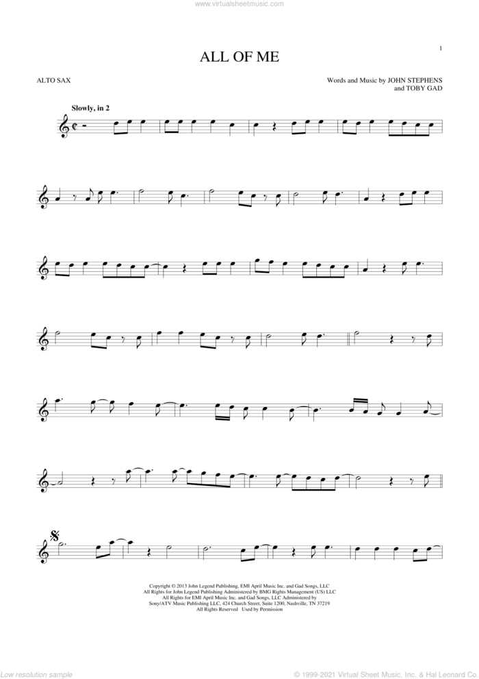 All Of Me sheet music for alto saxophone solo by John Legend, John Stephens and Toby Gad, wedding score, intermediate skill level