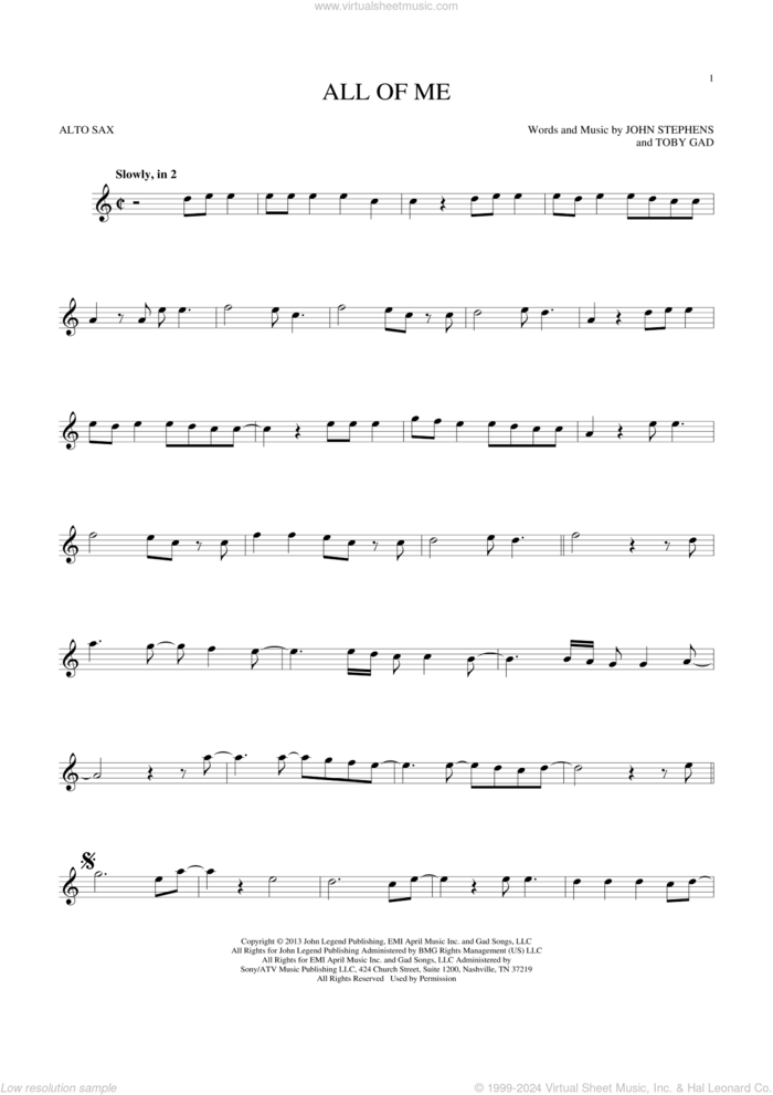 All Of Me sheet music for alto saxophone solo by John Legend, John Stephens and Toby Gad, wedding score, intermediate skill level