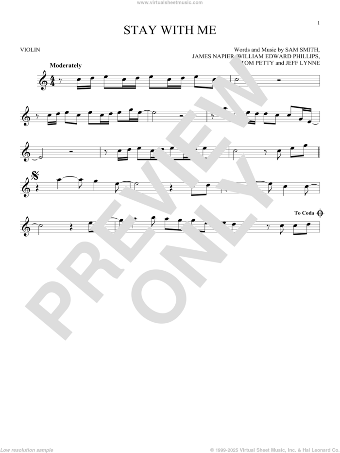 Stay With Me sheet music for violin solo by Sam Smith, James Napier, Jeff Lynne, Tom Petty and William Edward Phillips, intermediate skill level