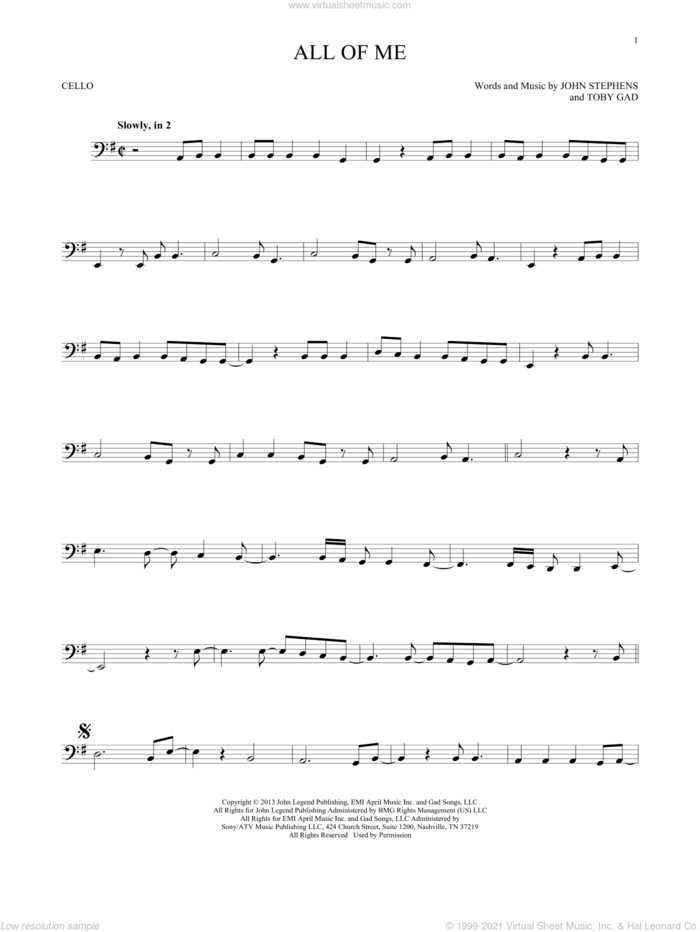 All Of Me sheet music for cello solo by John Legend, John Stephens and Toby Gad, wedding score, intermediate skill level