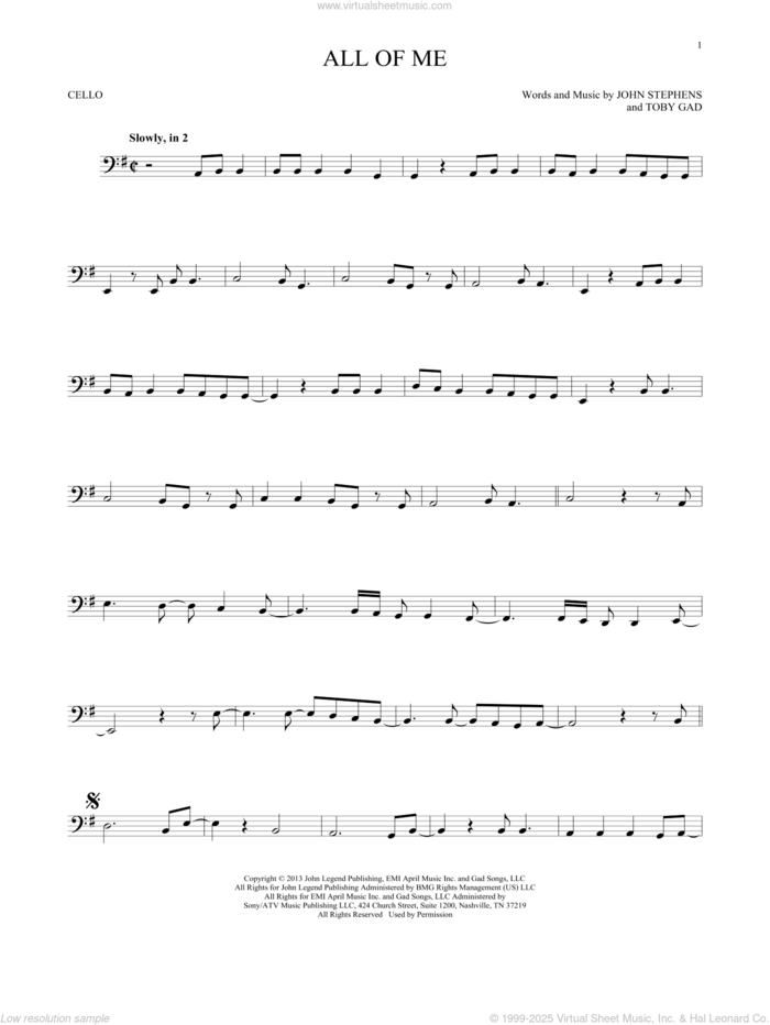 All Of Me sheet music for cello solo by John Legend, John Stephens and Toby Gad, wedding score, intermediate skill level