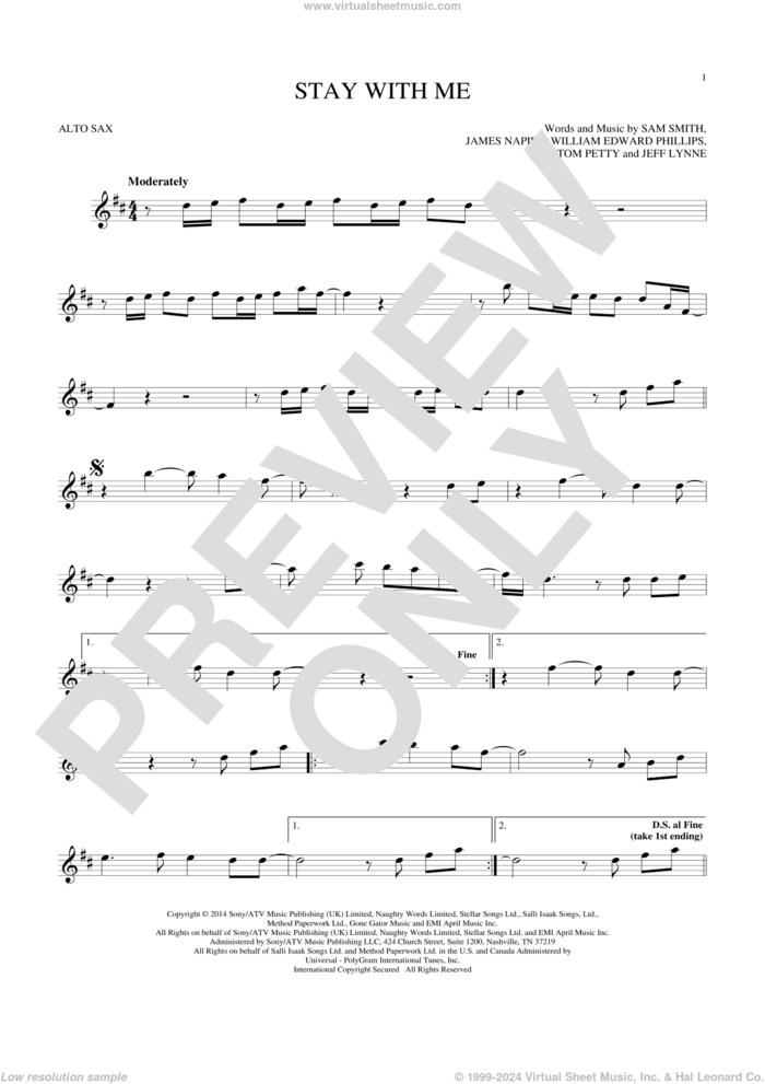 Stay With Me sheet music for alto saxophone solo by Sam Smith, James Napier, Jeff Lynne, Tom Petty and William Edward Phillips, intermediate skill level