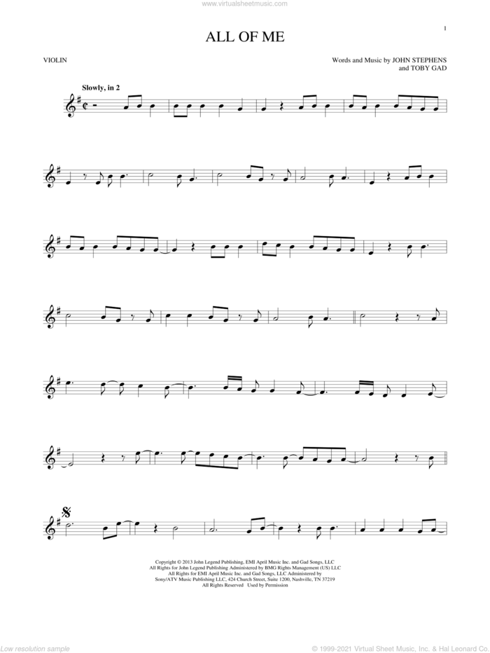 All Of Me sheet music for violin solo by John Legend, John Stephens and Toby Gad, wedding score, intermediate skill level
