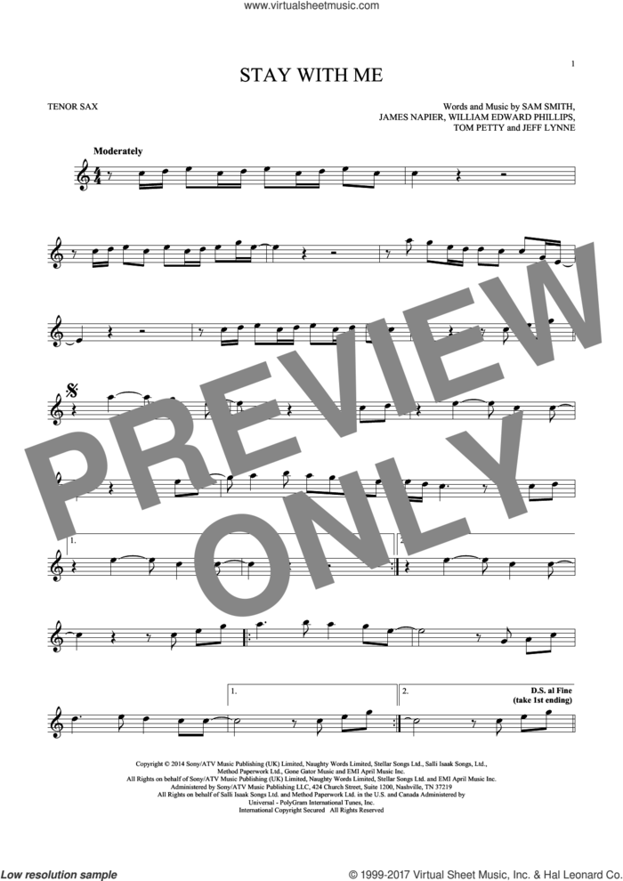 Stay With Me sheet music for tenor saxophone solo by Sam Smith, James Napier, Jeff Lynne, Tom Petty and William Edward Phillips, intermediate skill level