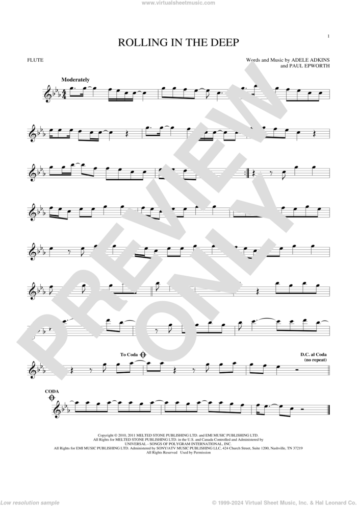 Rolling In The Deep sheet music for flute solo by Adele, Adele Adkins and Paul Epworth, intermediate skill level