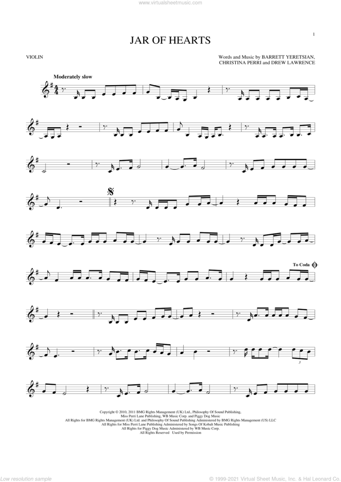 Jar Of Hearts sheet music for violin solo by Christina Perri, Barrett Yeretsian and Drew Lawrence, intermediate skill level
