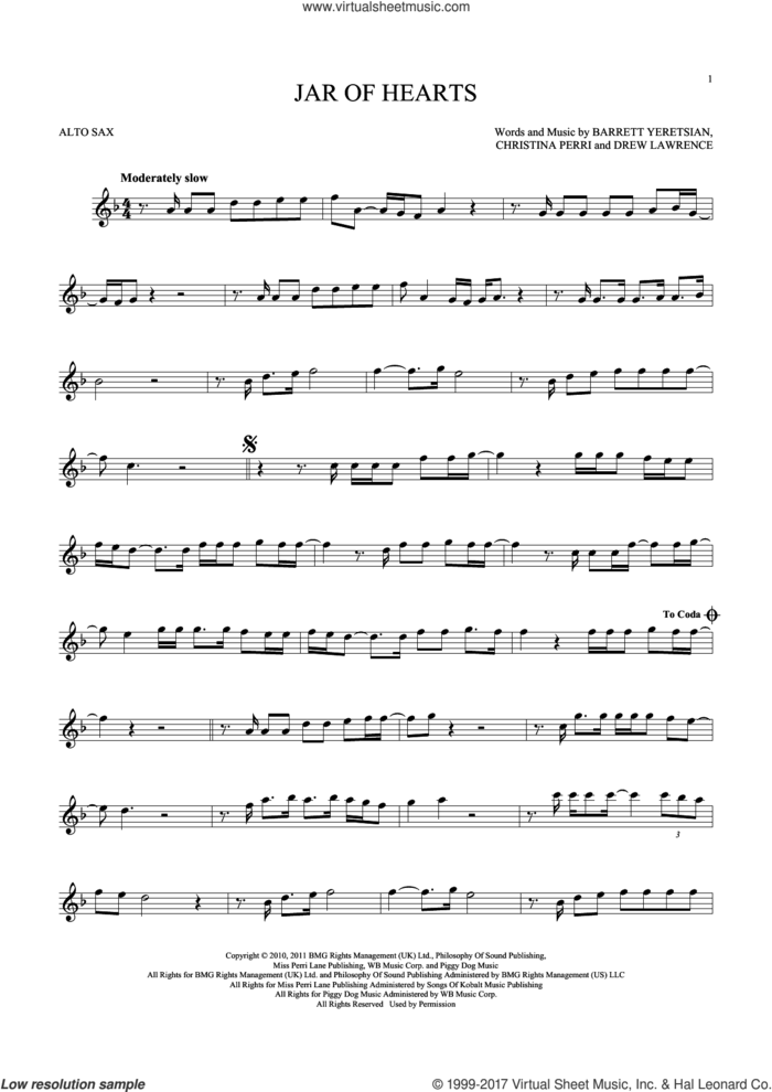 Jar Of Hearts sheet music for alto saxophone solo by Christina Perri, Barrett Yeretsian and Drew Lawrence, intermediate skill level