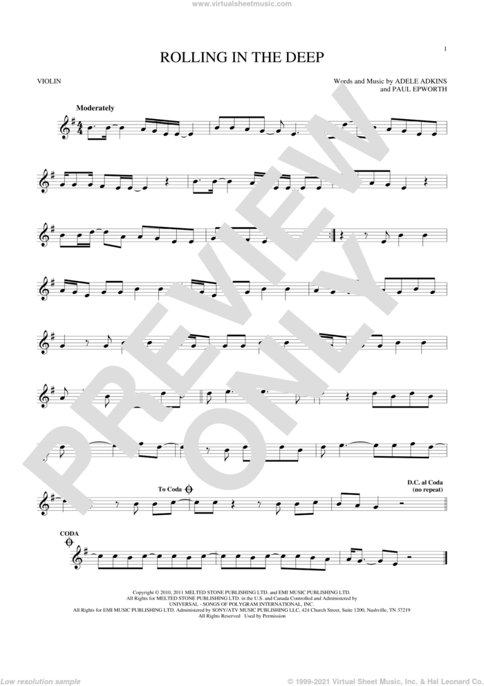 Rolling In The Deep sheet music for violin solo by Adele, Adele Adkins and Paul Epworth, intermediate skill level