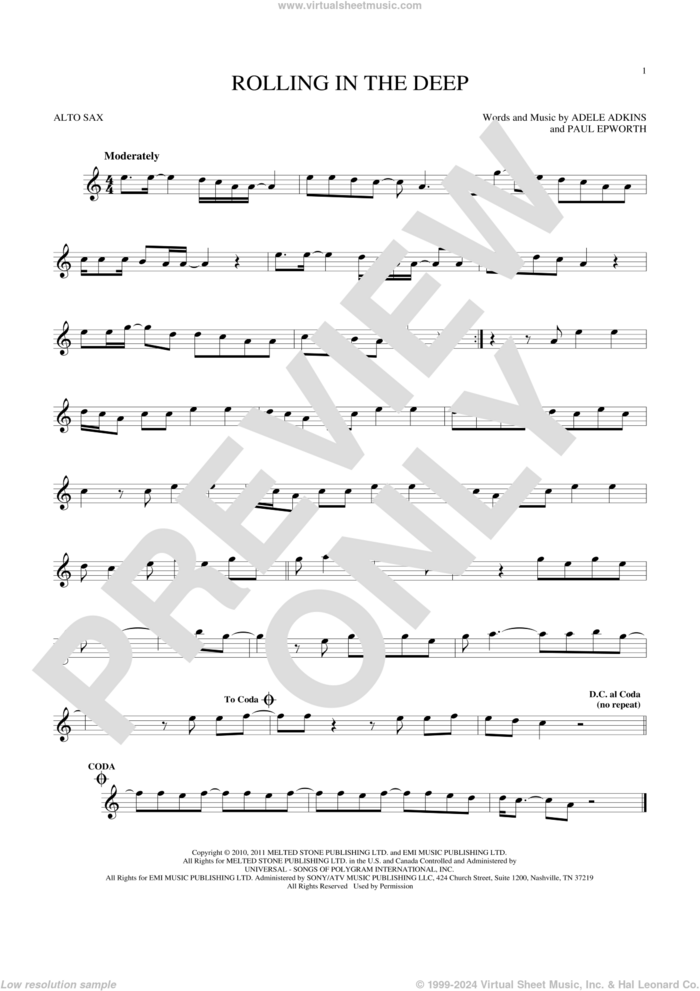 Rolling In The Deep sheet music for alto saxophone solo by Adele, Adele Adkins and Paul Epworth, intermediate skill level