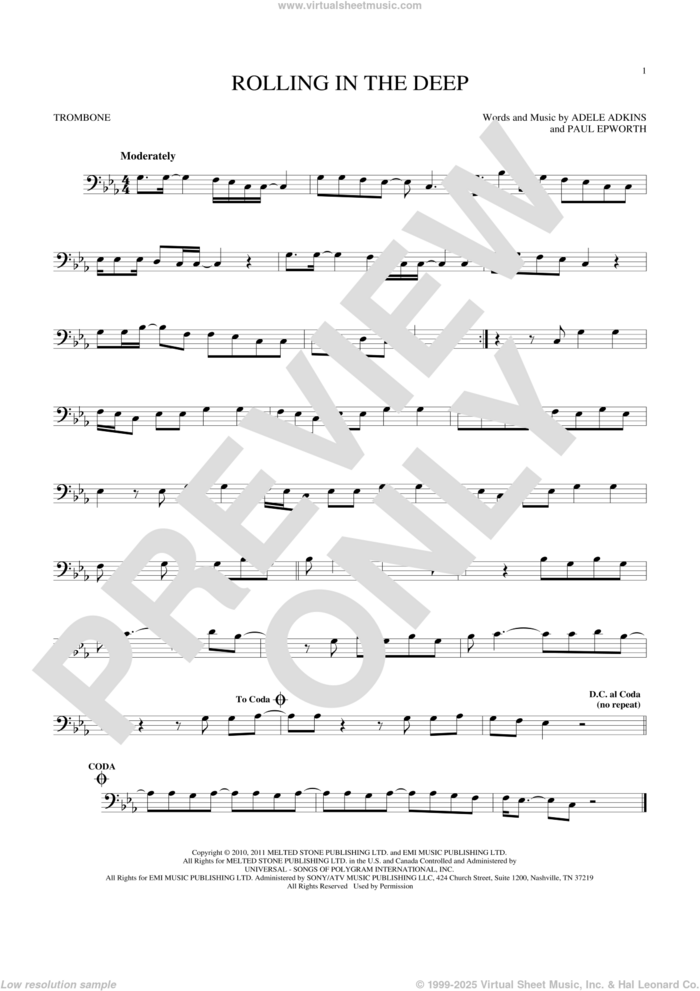 Rolling In The Deep sheet music for trombone solo by Adele, Adele Adkins and Paul Epworth, intermediate skill level