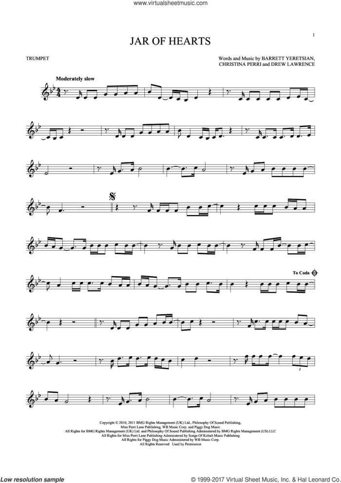 Jar Of Hearts sheet music for trumpet solo by Christina Perri, Barrett Yeretsian and Drew Lawrence, intermediate skill level
