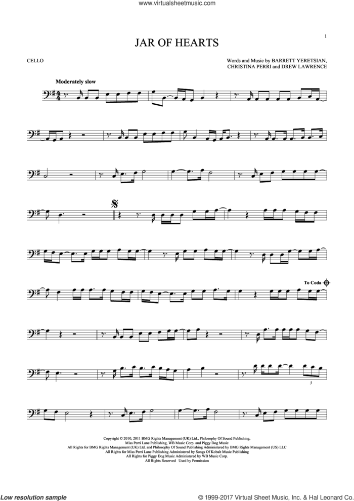 Jar Of Hearts sheet music for cello solo by Christina Perri, Barrett Yeretsian and Drew Lawrence, intermediate skill level