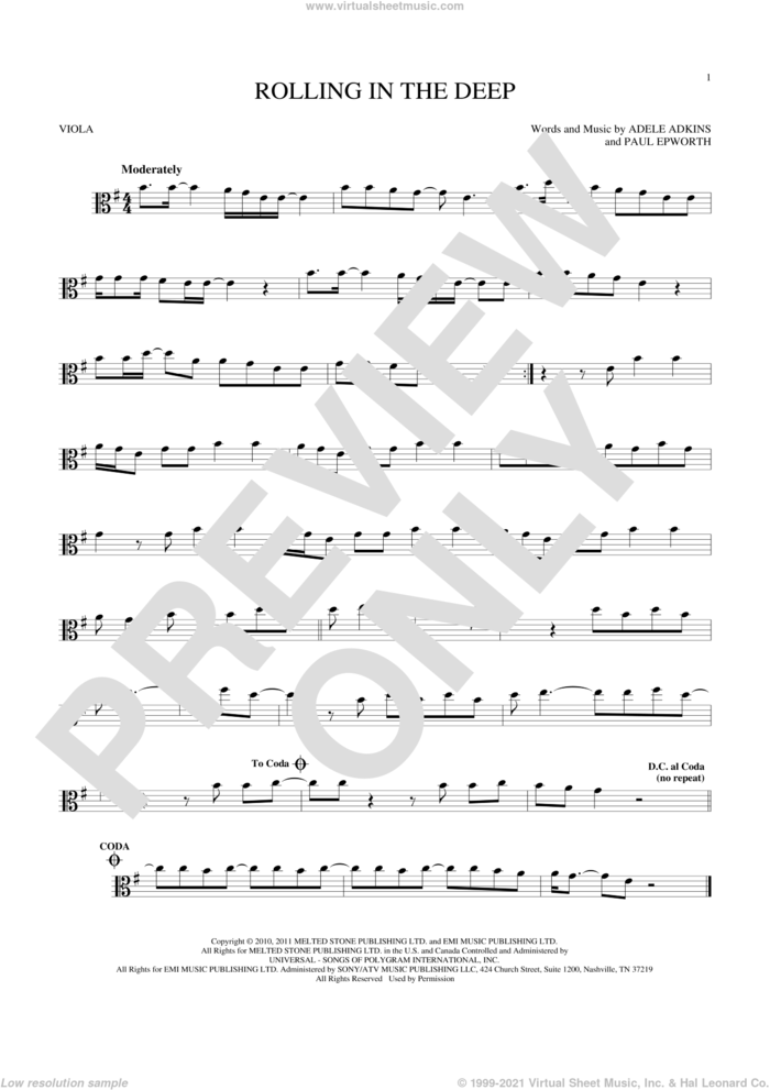 Rolling In The Deep sheet music for viola solo by Adele, Adele Adkins and Paul Epworth, intermediate skill level