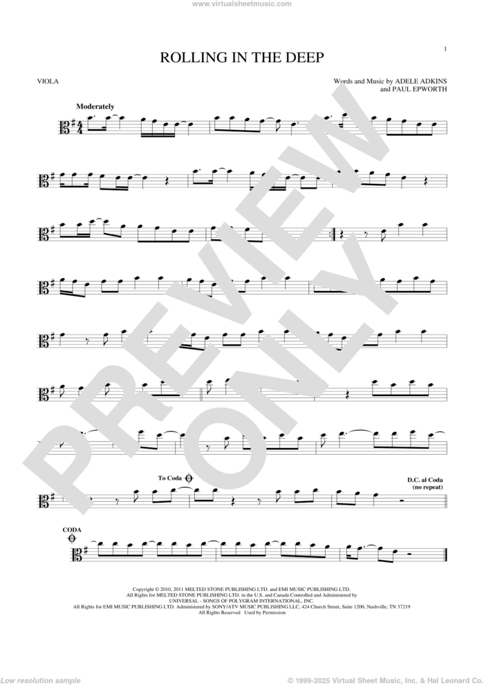 Rolling In The Deep sheet music for viola solo by Adele, Adele Adkins and Paul Epworth, intermediate skill level