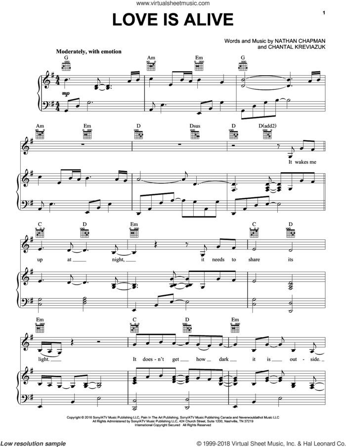 Love Is Alive sheet music for voice, piano or guitar by Lea Michele, Chantal Kreviazuk and Nathan Chapman, intermediate skill level