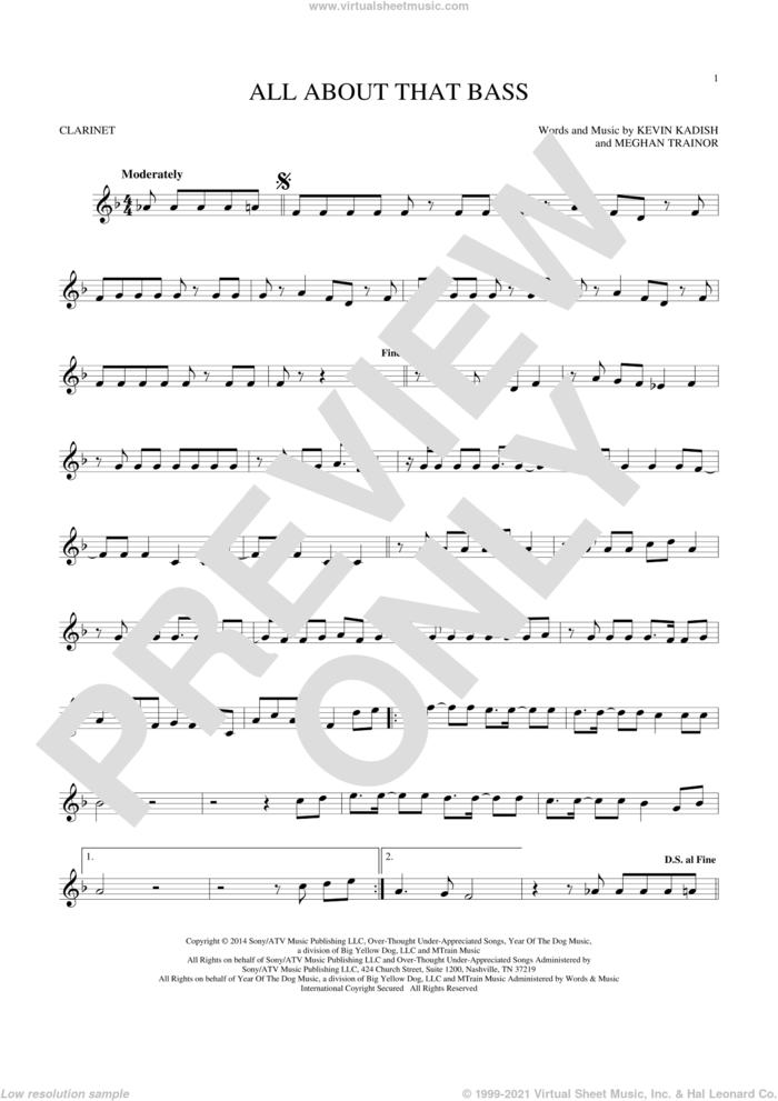 All About That Bass sheet music for clarinet solo by Meghan Trainor and Kevin Kadish, intermediate skill level
